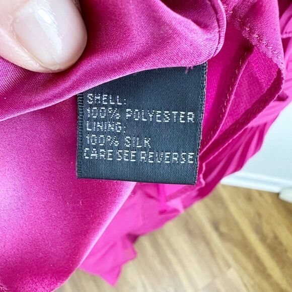 Carmen Marc Valvo Silk Strapless Fuchsia Gown With Ruffle Detail Pleated Skirt 4 - Picture 9 of 12